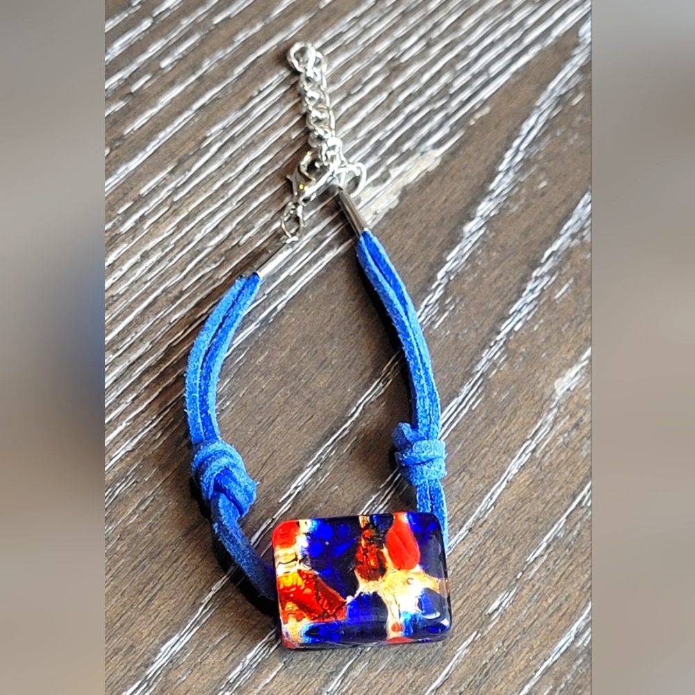 Murano Glass Signed Made In Italy Cobalt Blue Lamp Work Leather Cord Bracelet